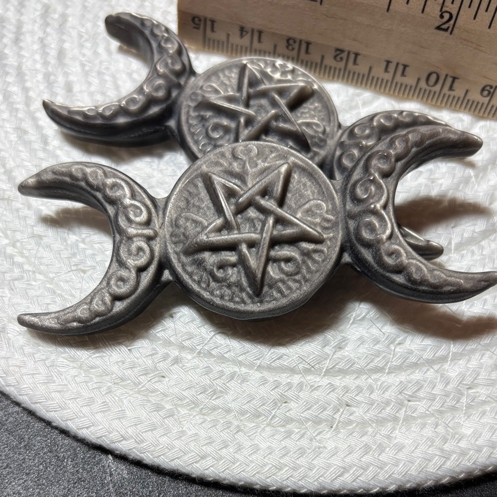 Silver Obsidian Triple Moon Pentacle carving - Just Beautiful! (1 piece)